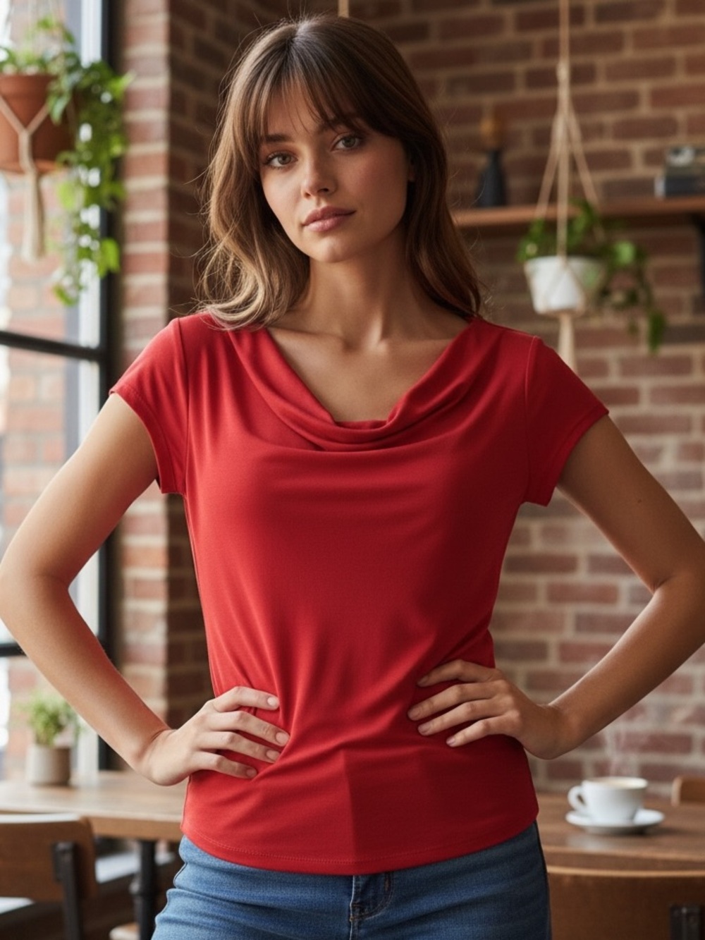 Alfani Red Draped Cowl Neck Short Sleeve Top